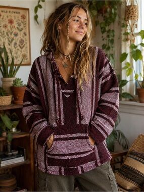 Vintage Baja Hoodie Pullover XL Mexican Blanket Hoodie Burgundy